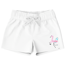 Load image into Gallery viewer, Surf Flamingo | White | Kid's Swim Trunks